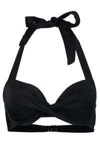 Top de bikini preto com um design frontal torcido, laços no pescoço estilo halter e uma faixa larga na parte de trás com fecho de clasp. Textura de tecido suave.