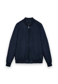 Marineblaue Bomberjacke aus glattem Stoff mit durchgehendem Reißverschluss, geripptem Kragen und Bündchen sowie Seitentaschen. Minimalistisches Design mit klaren Linien.