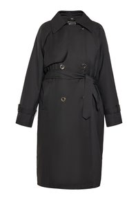 Trench-coat noir en tissu lisse, doté d'un design à double boutonnage, d'une ceinture à la taille et de poignets ornés de boutons.