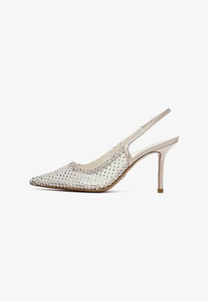 Décolleté beige con tacco alto slingback, punta a punta, ricoperta di piccoli strass scintillanti, con tacco a stiletto sottile.