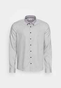 Camicia grigia con bottoni realizzata in tessuto con un discreto motivo a quadri, dotata di maniche lunghe, colletto button-down e bottoni neri.