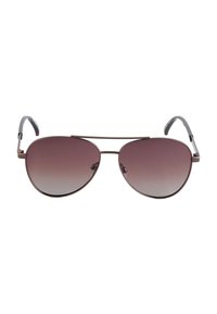 Aviator sunčane naočale s gradijentnim ljubičastim staklima, tankim metalnim okvirom i sivim plastičnim krakovima. Stakla su velika i oblika su suze.