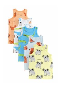 Sæt med fem børne tanktoppe i forskellige farver: orange, blå, hvid og gul, med dyre grafik og legende mønstre i bomuld.