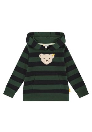Sweat à capuche pour tout-petit rayé vert et noir avec poche avant et un écusson représentant le visage d'un ours en peluche beige sur la poitrine.