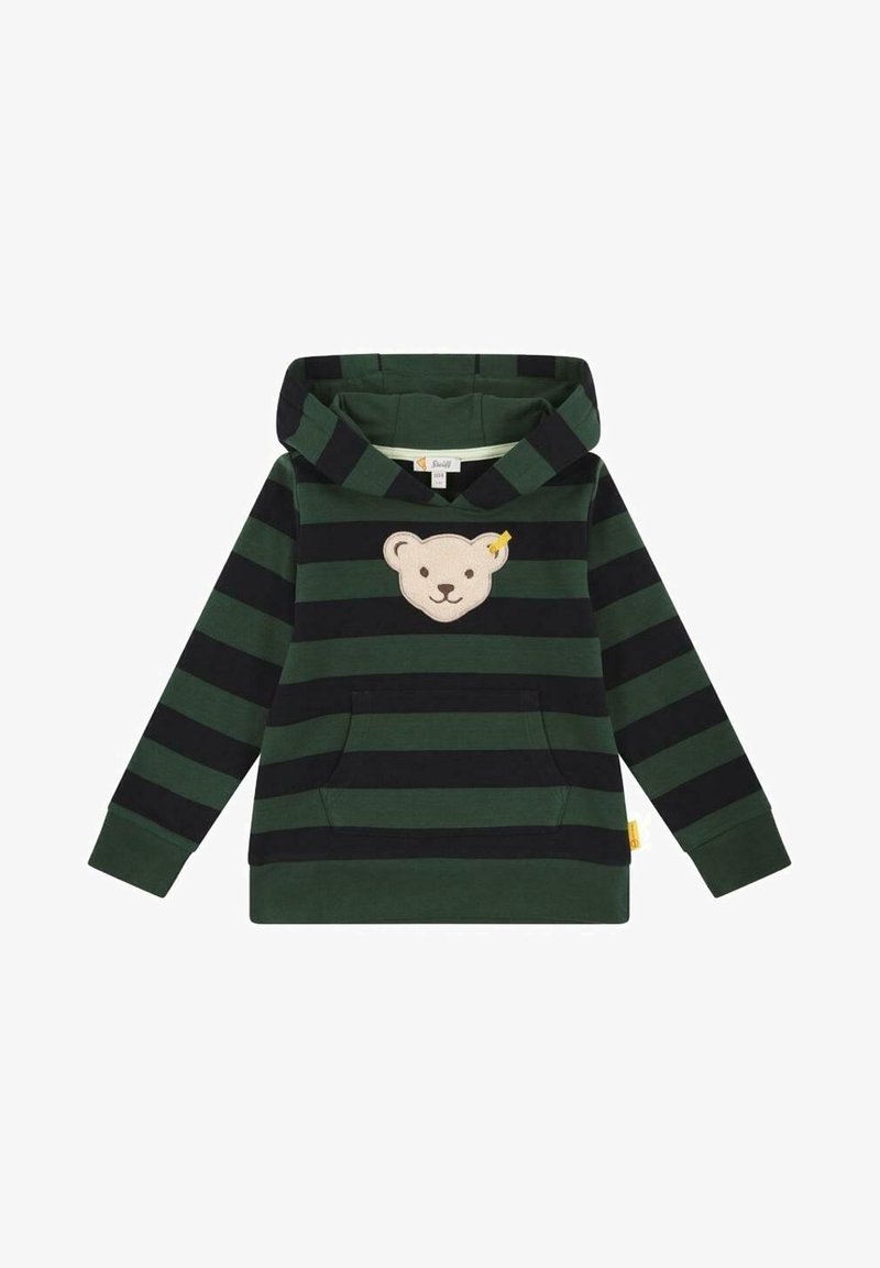 Sweat à capuche pour tout-petit rayé vert et noir avec poche avant et un écusson représentant le visage d'un ours en peluche beige sur la poitrine.