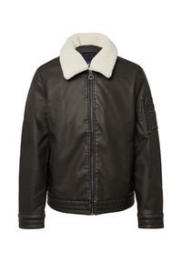 Braune Lederjacke mit einem weißen Schafslederen Kragen, Reißverschluss, und einer Seitentasche mit Klappe am linken Ärmel. Strukturiertes Finish.