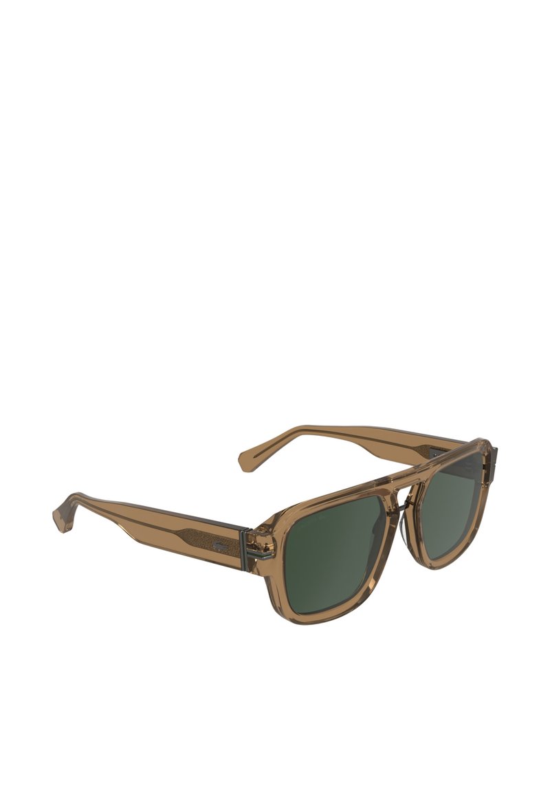 Brown translucent square sunglasses with dark green lenses and thick temples angled on white background.