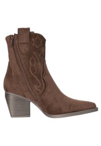 Bruine suède enkellaars met een ritssluiting aan de zijkant, decoratieve stiksels, een treklus en een gestapelde blokhak.