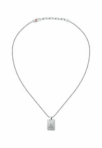 Collana d'argento con un pendente rettangolare decorato con un design di ancora, superficie texturizzata e una catena con anelli, che ne aumenta la durata.