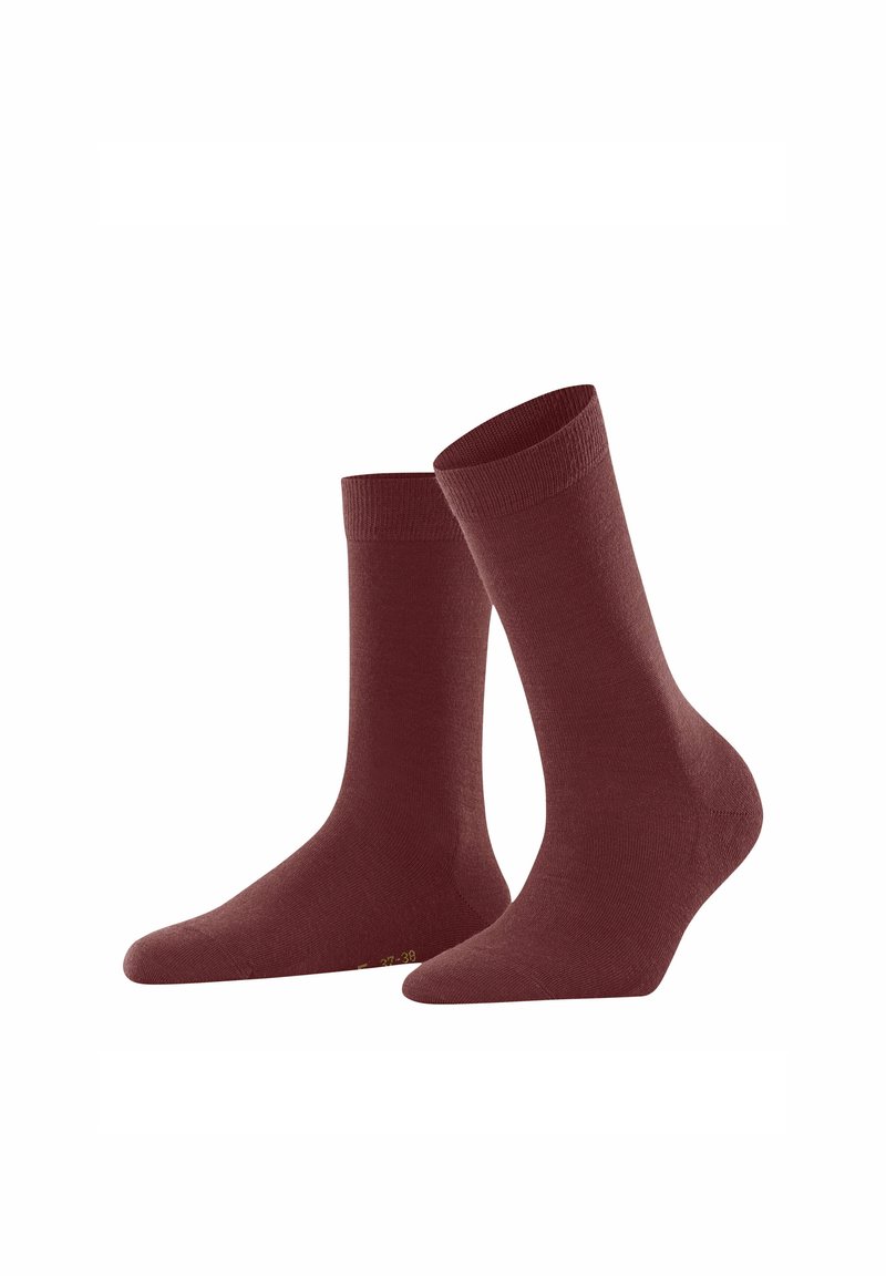 Ein Paar schlichte dunkelrote Socken steht aufrecht auf einem weißen Hintergrund.