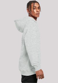Light gray hoodie with a kangaroo pocket, drawstring hood, ribbed cuffs, and graphic detail on the sleeve. Soft fabric texture and relaxed fit.