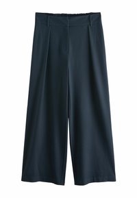 Pantalons larges bleu marine avec passants de ceinture, devant plat et taille élastiquée à l'arrière, présentés sur un fond blanc.