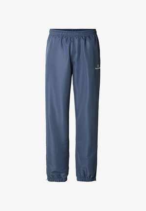 Marineblauwe, lichtgewicht sportbroek gemaakt van synthetisch materiaal, met een elastische tailleband en verstelbare boorden bij de enkels.