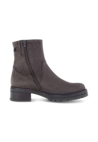 Botas de tobillo gris oscuro hechas de cuero suave, con cremallera lateral, tacón grueso y suela texturizada para mayor tracción.