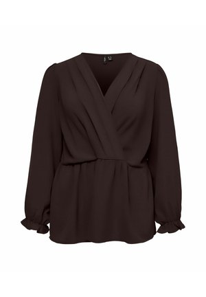 Brązowa bluzka kopertowa z dekoltem w serek, długimi rękawami i marszczonymi mankietami. Miękka tkanina z marszczonym detalem w talii, zapewniająca luźne dopasowanie.