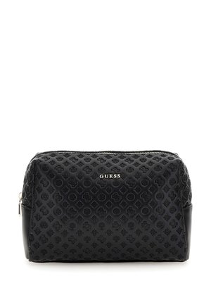 Borsa cosmetica nera con motivo a logo impresso, chiusura a zip e dettagli in argento. Realizzata in materiale sintetico testurizzato, forma rettangolare.