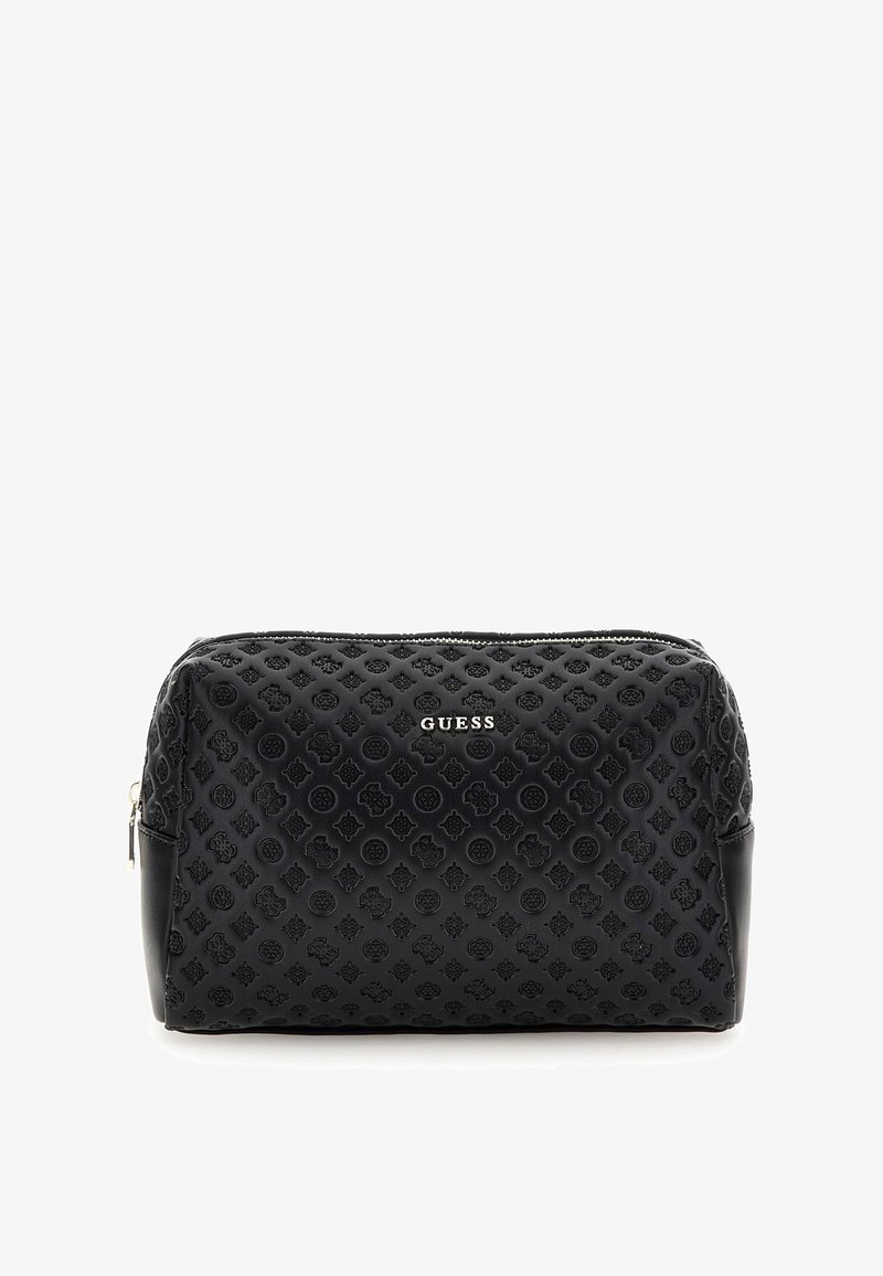 Borsa cosmetica nera con motivo a logo impresso, chiusura a zip e dettagli in argento. Realizzata in materiale sintetico testurizzato, forma rettangolare.
