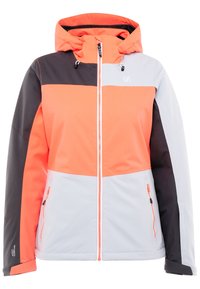 Bunte Jacke mit einer Mischung aus orangefarbenen, grauen und schwarzen Paneelen. Sie verfügt über eine Kapuze, einen Frontreißverschluss und seitliche Taschen mit Reißverschlüssen.