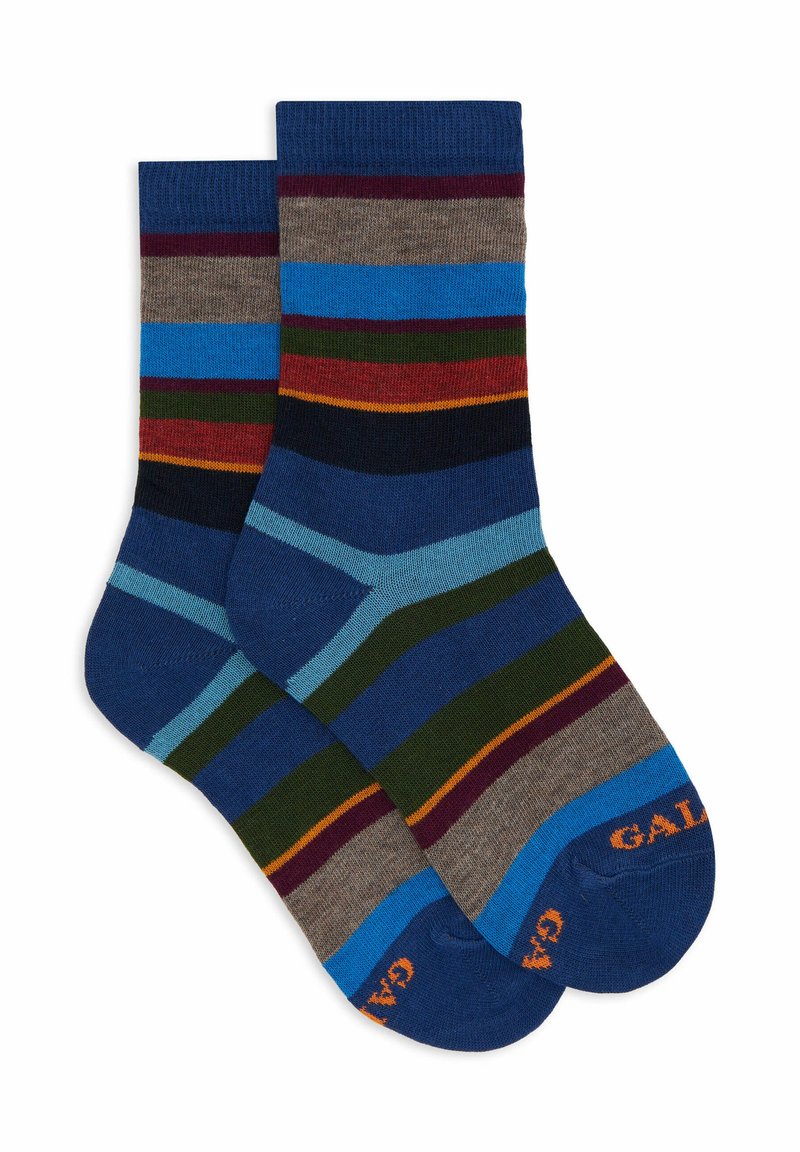 Calzini multicolori con varie righe orizzontali in tonalità di blu, verde, marrone e rosso. Materiale in misto cotone con una bordatura a coste.