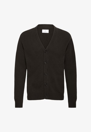 Tumedast pruunist kudumist kardigan V-kaelusega, ribaga mansetid ja ääred ning viis musta nuppu ees.