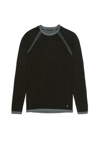 Czarny długi rękaw sweatshirt z okrągłym dekoltem, kontrastowe niebieskie akcenty na dekolcie i rękawach oraz małe logo na dolnym lewym boku.