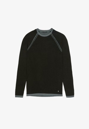 Czarny długi rękaw sweatshirt z okrągłym dekoltem, kontrastowe niebieskie akcenty na dekolcie i rękawach oraz małe logo na dolnym lewym boku.