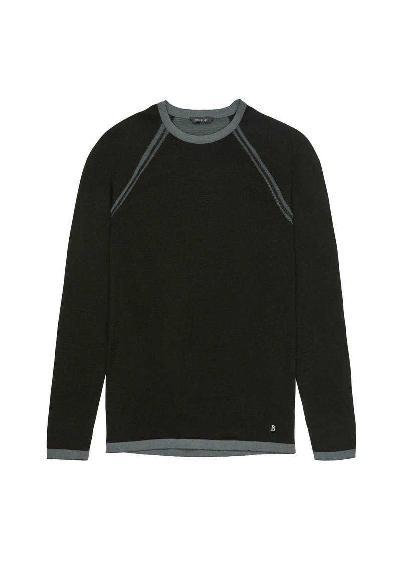 Czarny długi rękaw sweatshirt z okrągłym dekoltem, kontrastowe niebieskie akcenty na dekolcie i rękawach oraz małe logo na dolnym lewym boku.