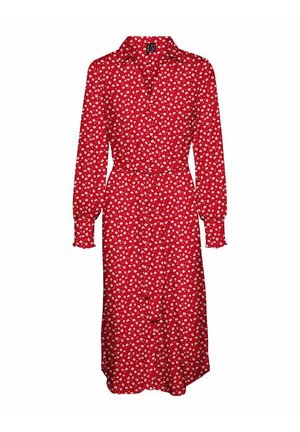 Rotes Midikleid mit weißem Blumenmuster, langen Ärmeln, durchgehender Knopfleiste, Kragen und passendem Stoffgürtel in der Taille.