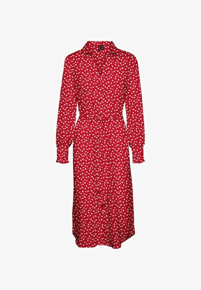 Robe midi rouge à motif floral blanc, manches longues, boutonnée sur le devant, col et ceinture assortie en tissu à la taille.