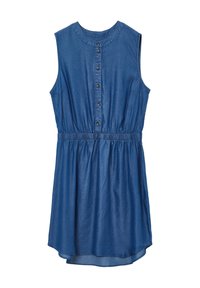 Denim mekko ilman hihoja, jossa on pyöreä pääntie, napitetun etuosan sulkeminen, joustava vyötärö ja hieman pidempi takahäntä. Joustava tummansininen kangas.
