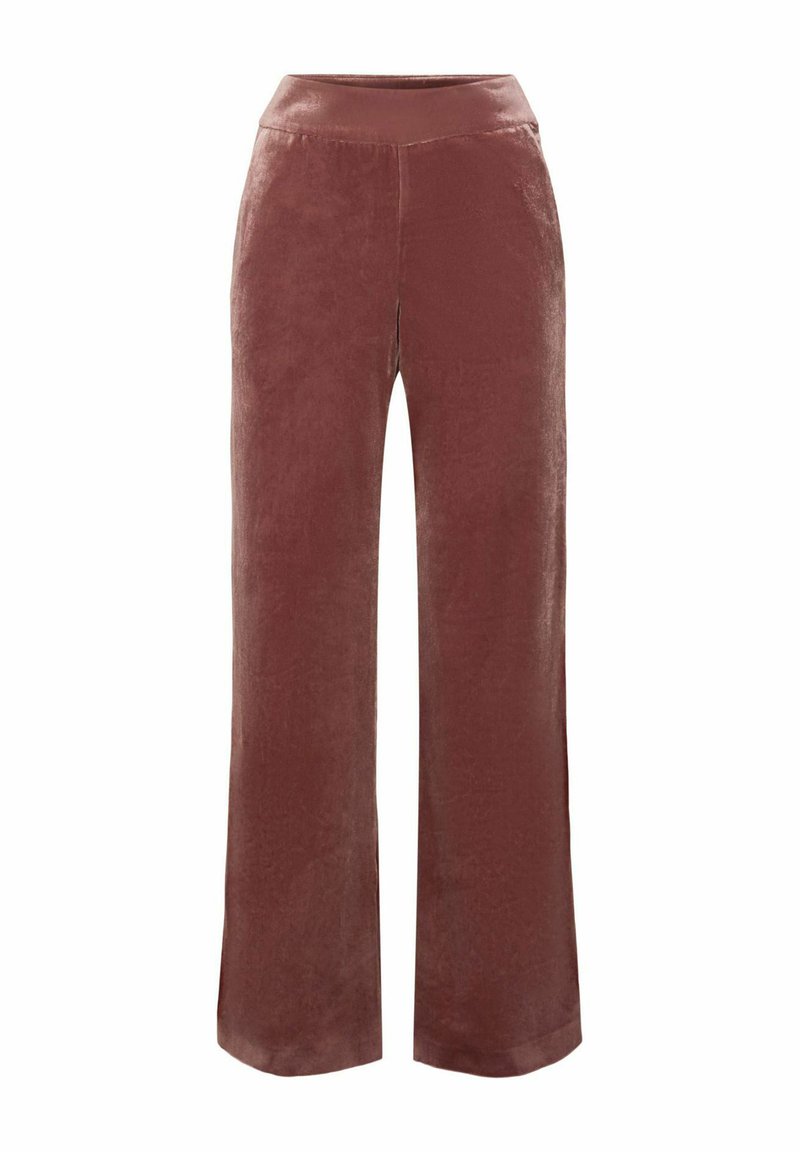 Weite Hosen aus weichem bordeauxfarbenem Stoff, mit einer glatten Textur und einem hohen Bund für einen bequemen Sitz.