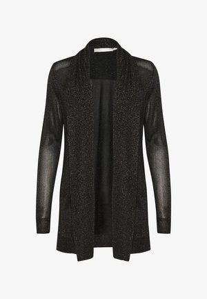 Zwarte cardigan met lange mouwen van een doorschijnende, glinsterende stof. Beschikt over een open voorkant met een gedrapeerde kraag en een rechte snit. Zilveren accenten overal.