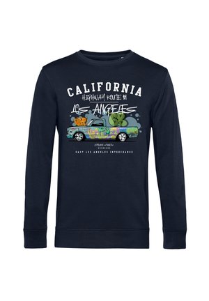 Námořnická mikina s dlouhým rukávem s grafickým designem barevného pickup trucku s graffiti, doplněná textem odkazujícím na Kalifornii a Los Angeles.