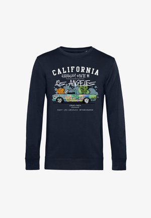 Námořnická mikina s dlouhým rukávem s grafickým designem barevného pickup trucku s graffiti, doplněná textem odkazujícím na Kalifornii a Los Angeles.