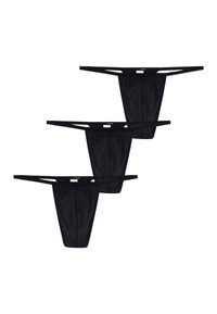 Drie zwarte stringonderbroeken met dunne bandjes, doorschijnend materiaal en een minimalistisch ontwerp met een gladde textuur.