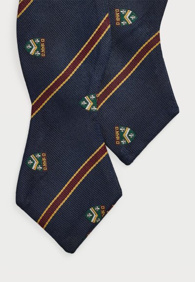 Navy tie with textured fabric featuring maroon and gold diagonal stripes, and green, white, and yellow embroidered designs and accents.