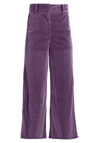 Purple wide-leg trousers with a shimmering texture, featuring a high waist and side pockets, designed for a loose, comfortable fit.