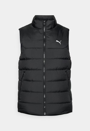 Črn podložen brezrokavnik z visokim ovratnikom, zadrgo, dvema stranskima žepoma in belim Puma logotipom na zgornji levi strani. Gladka, sijoča tekstura.