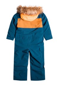 Barnets snödräkt har en blå kropp med en övre del med orange ränder, en foder med päls och framfickor. Vattentätt material.