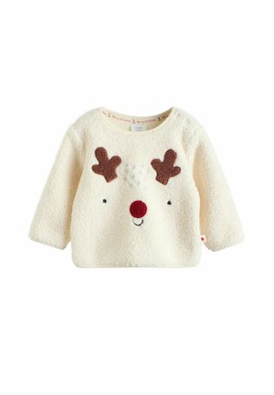 Krämfärgad fleece-tröja med rund hals, som har ett renansikte-design, bruna horn och en röd näsa, med en mjuk textur.