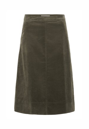 Olive green corduroy A-line skirt with a fitted waistband and visible vertical seam down the center front.