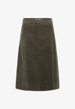 Õliva roheline kurrutatud A-lõikega seelik, millel on istuv vöökoht ja nähtav vertikaalne õmblus esiosas.