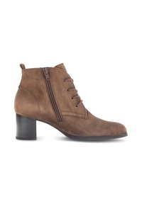 Brown suede ankle boot with a rounded toe, side zip, and lace-up front. Features a mid-height block heel. Smooth texture and clean lines.