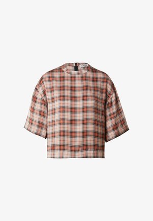 Geruite top met korte mouwen in roze, zwart en oranje tinten. Vierkante snit met een hoge hals en een ritsdetail aan de achterkant. Gestructureerde stof.