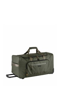 Grand sac de voyage en olive vert avec roues, doté de plusieurs poches zippées et de poignées de transport rembourrées, texte "EXPLORE" sur la poche avant.