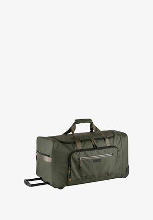 Große olivgrüne Rollreisetasche mit mehreren Reißverschlussfächern und gepolsterten Traggriffen, "EXPLORE"-Text auf der Vorderseite.