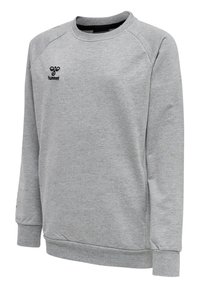 Sweatshirt grigio realizzato in tessuto testurizzato, con collo a giro, polsini e orlo ribattuti, e un piccolo logo nero sul lato sinistro del petto.