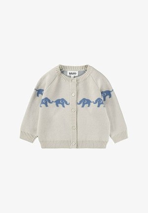 Lichtgrijze gebreide cardigan met een blauw olifantenpatroon. Heeft een ronde hals, knoopsluiting en ribgebreide manchetten en zoom.
