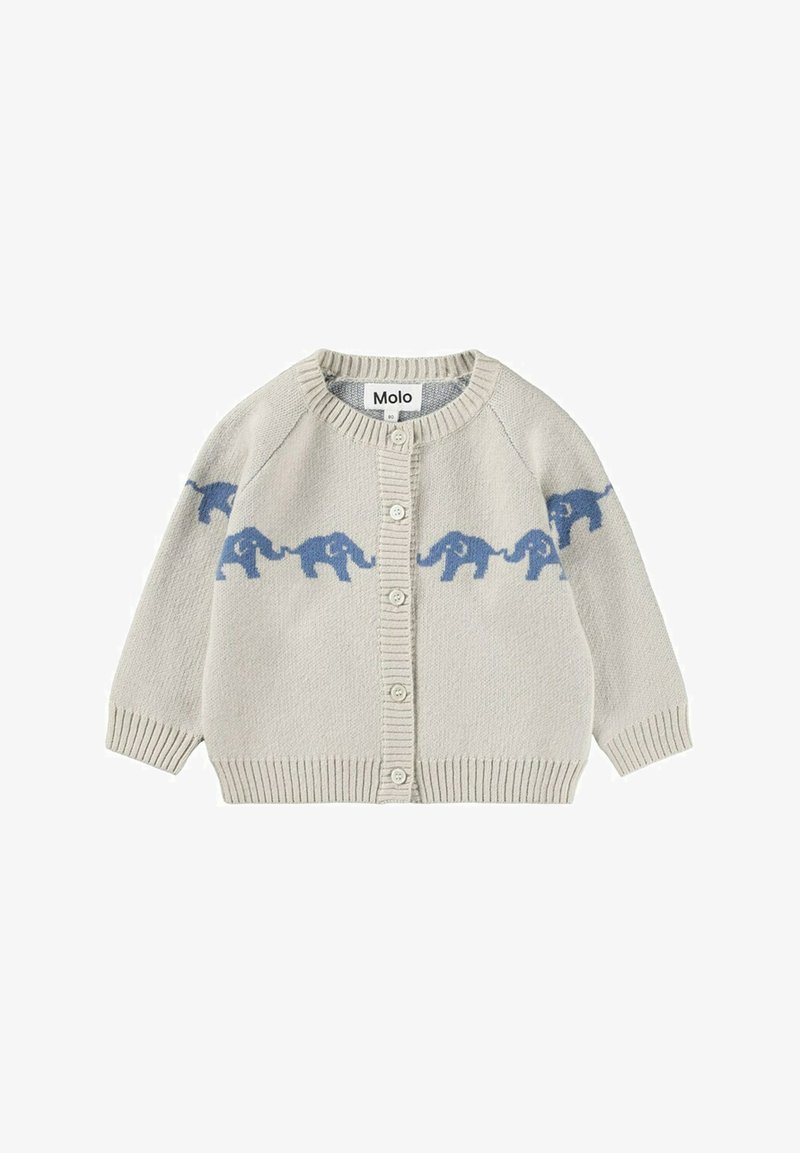 Ljusgrå stickad cardigan med ett blått elefantmönster. Har rund halsringning, knäppning med knappar och ribbade ärmslut och fåll.