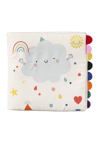 Soft cloth book featuring a smiling cloud, sun, rainbow, and colorful shapes. Textured accents in pink, red, and green along the edge.